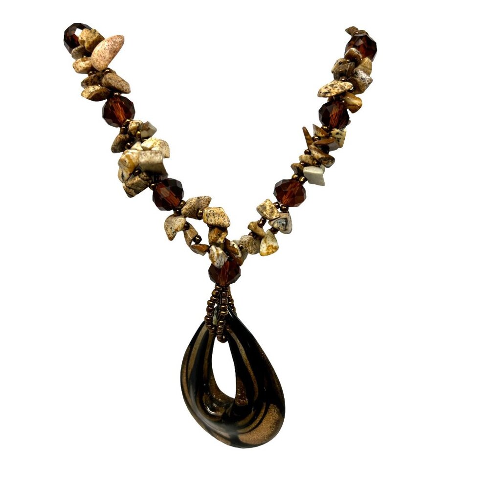 Vintage Pendant Copper‎ Black Glass Pendant with Stone and Copper Seed Beads